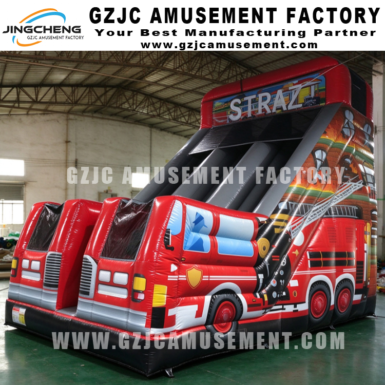 Fire Truck Themed Dual Lane Inflatable Slide, Commercial Fire Engine Inflatable Dry Slide