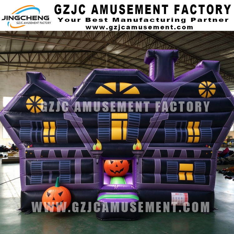 Purple Halloween Haunted House Inflatable Combo with Slide and Obstacle Course